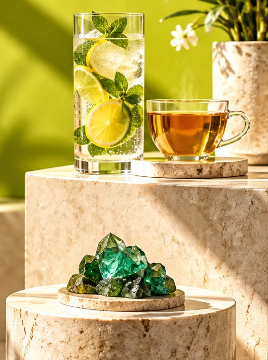 Decorative citrus, tea and mineral still life